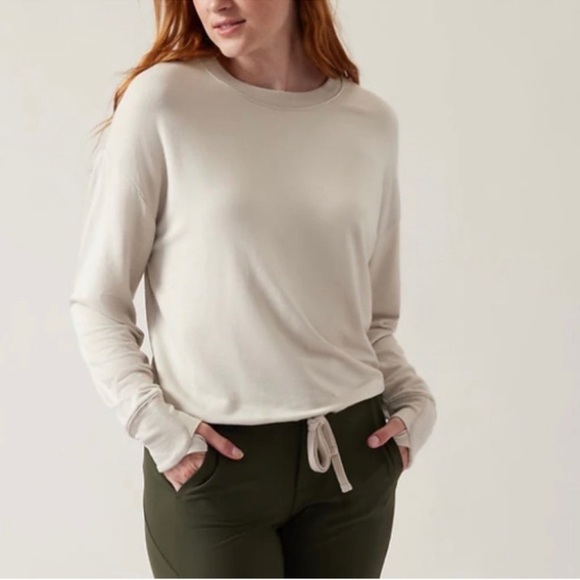 ATHLETA Light Beige Marina Crew Neck Drawstring Sweatshirt - Picture 1 of 8